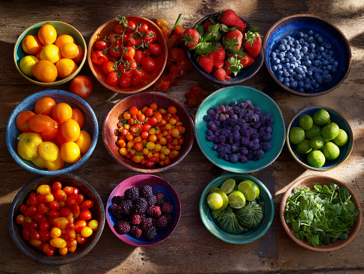 Színes, egészséges ételek és összetevők